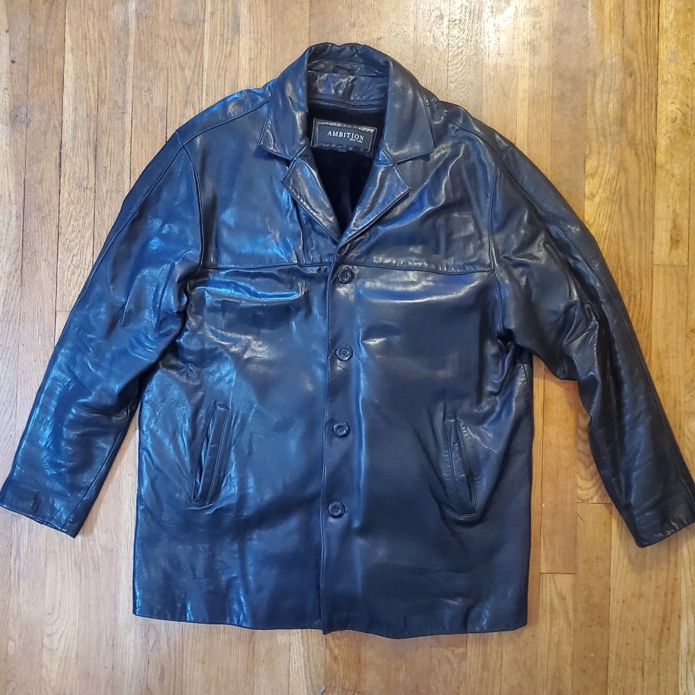 Vtg Ambition Men's Black Leather Car Coat